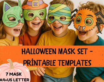 May include: Four children wearing Halloween masks, including a cat, witch, mummy, and spider. The masks are colorful and hand-drawn. Text on the image reads "Halloween Mask Set - Printable Templates" and "7 Mask A4+US Letter PDF".