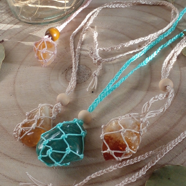 macrame ketting macrame hanger macrame hanger macrame zakje lege stenen houder Kristallen hanger stenen steunketting