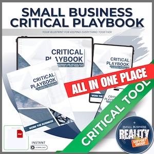 Könnte beinhalten: Eine digitale Geschäftsressource mit dem Titel Small Business Critical Playbook, die mehrere Dokumentenansichten, ein PDF-Symbol und eine Sofort-Download-Schaltfläche enthält. Das Design umfasst blau-weiße Grafiken und ein kreisförmiges Abzeichen.
