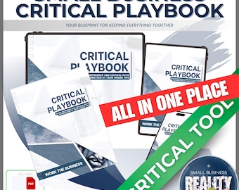 May include: A digital business resource titled Small Business Critical Playbook, featuring multiple document views, a PDF icon, and an instant download button. The design includes blue and white graphics, text reading All In One Place, and a circular badge.