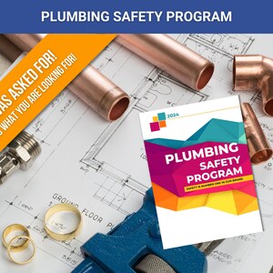 May include: A colorful brochure titled "Plumbing Safety Program" with the text "Safety is number one in our brand." The brochure is lying on a blueprint with copper pipes and fittings.