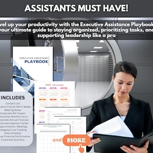 May include: A woman in a black blazer is looking at a binder with the text "and MORE" on the cover. The binder is open to a page with a calendar on it. The image also includes a closed binder with the text "EXECUTIVE ASSISTANT PLAYBOOK" on the cover. The image is set against a background of a vault with a large, round door.
