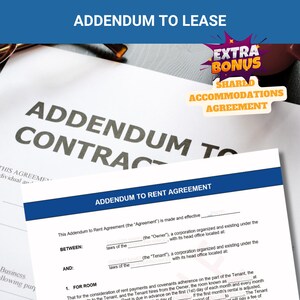 May include: A close-up of a legal document titled "Addendum to Rent Agreement". The document is a contract for a shared accommodation agreement. The text is in black and white on a white background.