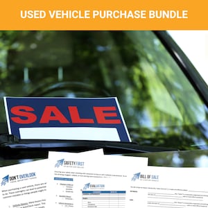 May include: A used vehicle purchase bundle with a red "SALE" sign on the windshield. The bundle includes a checklist of things to look for when buying a used vehicle, a safety first checklist for buyers and sellers, and a bill of sale form.
