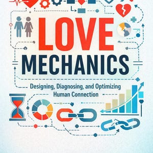 Könnte beinhalten: Buchcover mit dem Titel "Love Mechanics" mit blau-weißem Farbverlauf im Hintergrund. Der Titel ist in großen roten und marineblauen Buchstaben gehalten, mit grafischen Elementen wie Herzen, Zahnrädern und Diagrammen. Der Name des Autors, Jeff McFetridge, steht unten.