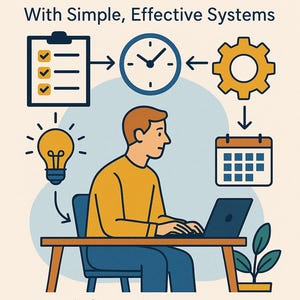 May include: A book cover titled Streamlining Your Routine With Simple, Effective Systems by Jeff McFetridge. The illustration features a person working on a laptop at a desk, surrounded by icons of a checklist, clock, gear, calendar, and lightbulb.