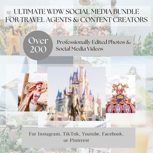 May include: A collage of images featuring various attractions at Walt Disney World, including Cinderella's Castle, the Little Mermaid statue, and the iconic Mickey Mouse and Minnie Mouse statue. The text "Over 200 Professionally Edited Photos & Social Media Videos" is displayed on a gray background. The text "For Instagram, TikTok, Youtube, Facebook, or Pinterest" is displayed on a white background.