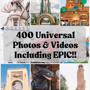 Könnte beinhalten: Eine Collage von Bildern mit verschiedenen Attraktionen und Wahrzeichen. Der Text "400 Universal Photos & Videos Including EPIC!!" ist auf den Bildern überlagert. Die Bilder zeigen eine Drachenstatue, einen Uhrturm und eine Super Mario World-Anzeige.