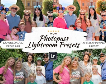 May include: Before and after photo of a family in front of a topiary sculpture. The photo on the left is the original image. The photo on the right shows the image after applying a Lightroom preset. The text "WDW Photopass Lightroom Presets" is displayed in the center of the image.