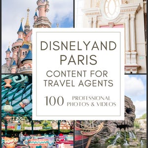 Può includere: Un collage con immagini di Disneyland Paris, tra cui un castello rosa, tazze da tè e una nave pirata. Il testo centrale recita: "Disneyland Paris, Contenuti per agenti di viaggio, 100 foto e video professionali."