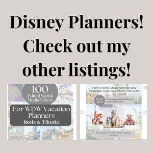 Może przedstawiać: Obraz promujący planery Disneya z tekstem "Disney Planners! Sprawdź moje inne oferty!". Zawiera dwa zdjęcia produkt&oacute;w: jedno dla planist&oacute;w wakacji WDW i drugie dla pakiet&oacute;w medi&oacute;w społecznościowych.