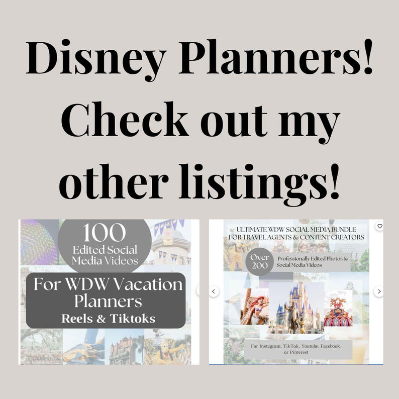 Może przedstawiać: Obraz promujący planery Disneya z tekstem "Disney Planners! Sprawdź moje inne oferty!". Zawiera dwa zdjęcia produkt&oacute;w: jedno dla planist&oacute;w wakacji WDW i drugie dla pakiet&oacute;w medi&oacute;w społecznościowych.