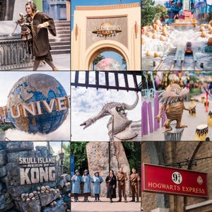 Może przedstawiać: Kolaż zdjęć z Universal Studios Florida. Zawiera łuk Universal Studios, globus z napisem "UNIVERS", znak "Skull Island Reign of Kong" i znak "Hogwarts Express". Inne obrazy obejmują przejażdżkę wodną i postacie w kostiumach.