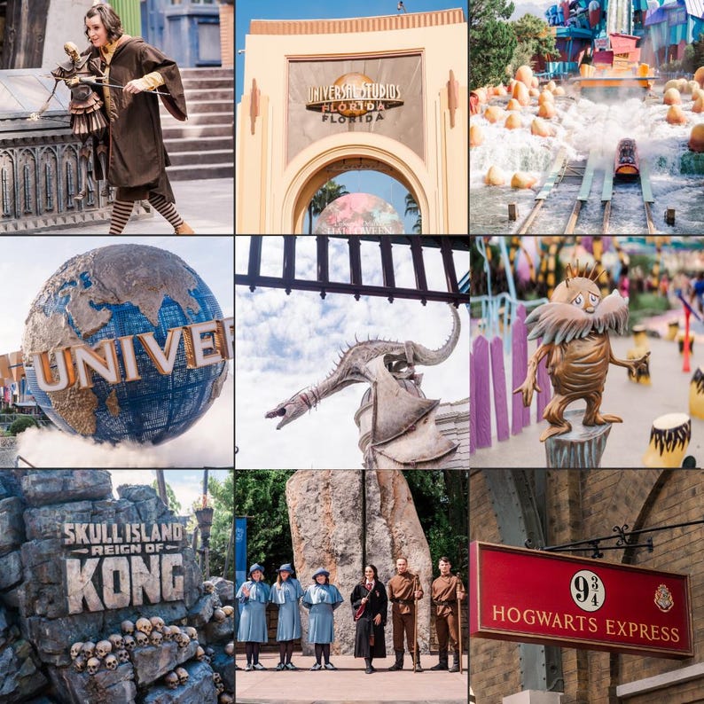 Może przedstawiać: Kolaż zdjęć z Universal Studios Florida. Zawiera łuk Universal Studios, globus z napisem "UNIVERS", znak "Skull Island Reign of Kong" i znak "Hogwarts Express". Inne obrazy obejmują przejażdżkę wodną i postacie w kostiumach.