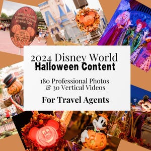 May include: A collage of images featuring various Halloween decorations at Disney World. The images include Mickey Mouse and Minnie Mouse dressed in Halloween costumes, pumpkins, and a sign that reads "Sorry Folks! Tonight's Event is Sold Out."