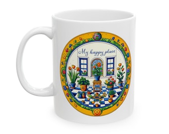 Delft Plant Mug | Greenhouse Happy Place Ceramic Coffee Cup | Plant Lover Gift