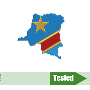 Peut inclure: Une silhouette bleue de la République démocratique du Congo avec le drapeau du pays superposé. Le drapeau présente un champ bleu avec une étoile jaune dans le coin supérieur gauche et une bande rouge diagonale avec une bordure jaune.