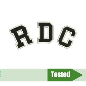 May include: An embroidered patch featuring the letters R, D, and C in a bold, collegiate-style font. The letters are black with a thick white border, arranged in a slight arc. The design has a textured, stitched appearance with clear thread details.