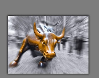 Canvasafdruk NYC opladende stier, Wall Street Bull kunst aan de muur, New York City poster, stier bronzen standbeeld canvas kunstwerk, modern muurdecor
