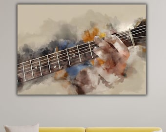 Cuadro de guitarra en acuarela: Decoración abstracta para la pared con temática musical.