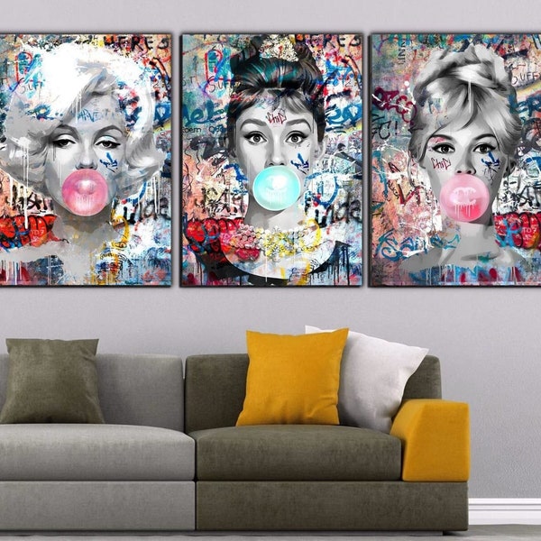 Blow Bubbles Pop Art 3er-Set Druck, Blow Bubble Gum Leinwand Kunst, Brigitte Bardot Bubbles, Audrey Hepburn Bubbles, berühmte Frau Leinwand