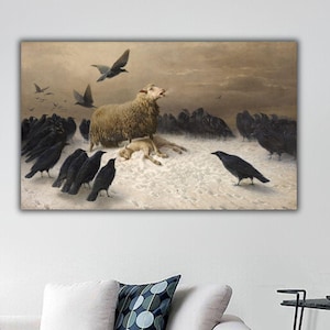 Anguish by August Friedrich Schenck, Anguish Sheep and Crows Canvas,August Friedrich Schenck Art Print,Famous Artwork Canvas,Animal Wall Art