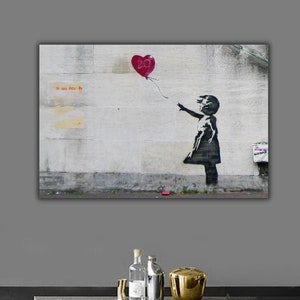 Arte mural en lienzo con chica de Banksy, arte mural con chica con globos de Banksy, arte mural en lienzo con estampados callejeros, pinturas en lienzo de Banksy, decoración de pared con grafitis callejeros