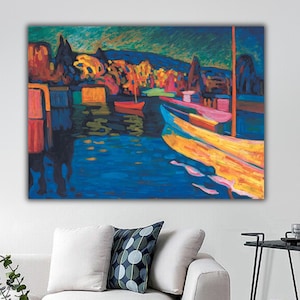 Herbstlandschaft mit Booten von Wassily Kandinsky Leinwanddruck, Kandinsky Poster, Kandinsky Wandkunst, Abstrakte Leinwände, Expressionismus Kunst