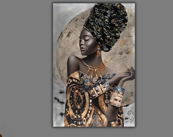 African American Woman Art, African Woman Canvas Print, Black and Gold Wall Art, Modern Black Woman Painting, Black African Woman Wall Decor