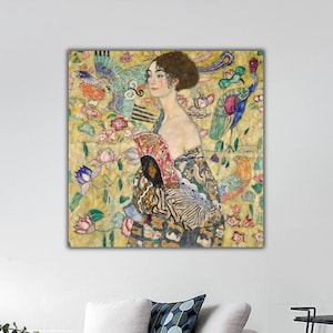 Lady With Fan Canvas Print, Gustav Klimt Reproduction Wall Art, Klimt Classic Wall Art, Symbolism Art Nouveau Painting, Fine Art Prints