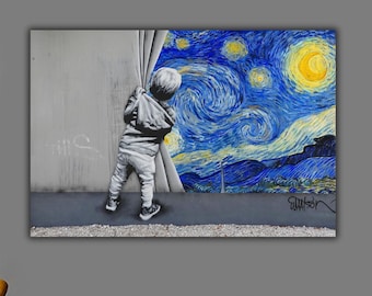 Banksy Van Gogh Wall Art, Banksy Starry Night Canvas Print, Starry Night Street Wall Poster, Street Graffiti Wall Decor, Bansky Style Print