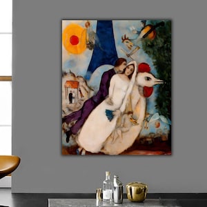 The Bride and Groom of the Eiffel Tower Wall Art, Marc Chagall Canvas Print, Marc CHAGALL Painting, Marc CHAGALL wall art, Surrealism art