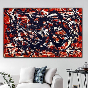 Puede incluir: Pintura abstracta con líneas negras y blancas sobre un fondo rojo. Las líneas son gruesas y audaces, y crean una sensación de movimiento y energía. La pintura es un ejemplo clásico del expresionismo abstracto.