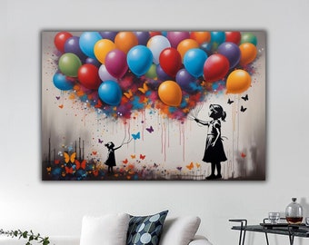 Banksy Love Canvas Print, Graffiti Wall Art, Colorful Butterfly Girl Print Art, Banksy Wall Decor, Bansky Style Print, Street Graffiti Art