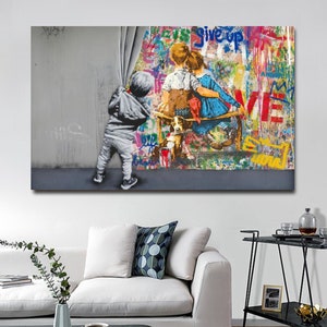 Banksy Behind the Curtain Wall Art, Banksy Love is All We Need Canvas Print, Lip Banksy Wall Decor, Bansky Style Print, Street Graffiti Art