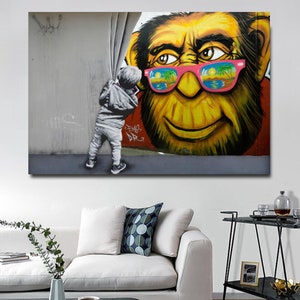 Banksy Behind the Curtain Wall Art, Banksy Monkey Graffiti Canvas Print, Banksy I Love Cabarete Decor, Bansky Style Print, Street Graffiti