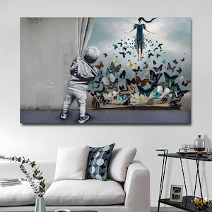 Banksy Behind the Curtain Wall Art, Bansky Butterfly Canvas Print, Butterfly Head Shot Wall Decor, Bansky Style Print, Street Graffiti Print