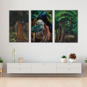 Emily Carr Set Of 3 Canvas Wall Art, Emily Carr Artworks, Red Cedar reproduction print, Forest Columbia Wall Art, Western Forest Wall Decor