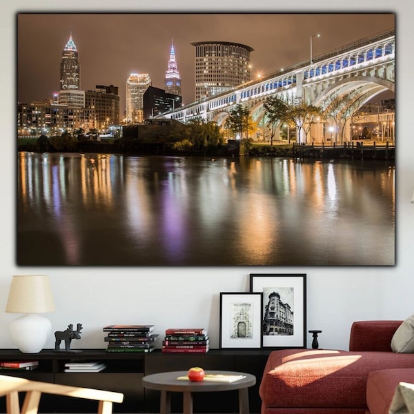 Cleveland City Skyline Canvas Print, Giclee Street Printed Wall Art, Skyline Ohio Photography Poster, Modern Wall Art, Livingroom Wall Art