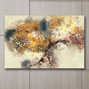 Alberi astratti in autunno con foglie gialle Stampa su tela, pittura ad acquerello Arte murale, pittura moderna su tela Poster, stampa su tela Paesaggio