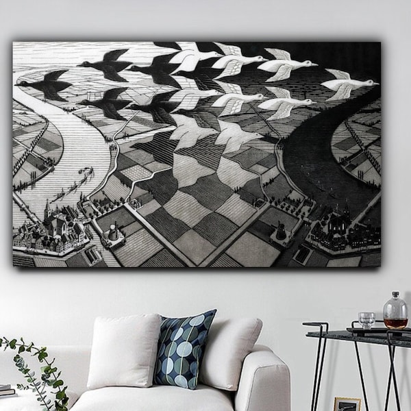 Day and Night Canvas Print, Maurits Cornelis Escher Wall Art, MC Escher Day & Night Print, Day and Night Wall Decor, Fine Art Print.