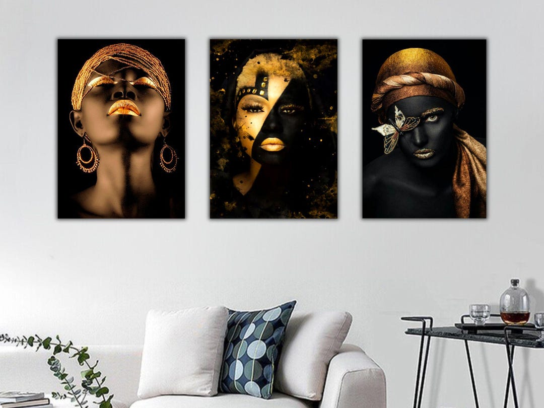 Black & Gold Woman Set of 3 Wall Art, Black African American Woman ...