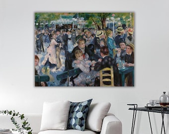 May include: A rectangular wall art print featuring an impressionist oil painting of a crowded outdoor dance hall. The scene depicts numerous figures in period attire socializing, dancing, and sitting at tables under trees with hanging lanterns.