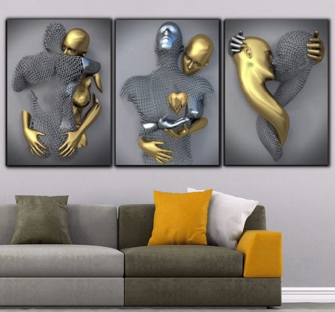Set of 3 Couples Metalic Silver Gold Effect Wall Art, Hugging Couples