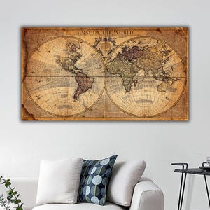 Vintage wereldkaart canvasafdruk, kaart van de wereld muurkunst, oude wereldkaart, antieke kaart kunst canvas, wereldkaart muur decor, wereldkaart poster
