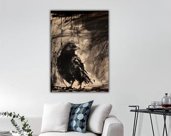 Raven Canvas Muurdecoratie, Raven Schilderij Print, Kraai Schilderij, Gotische Kunst, Raven Kunstprint, Donkere Nacht Kraai, Raven Muurdecoratie, Dieren Kunstprint