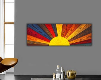 Geometric Boho Sunrise Bedroom Wall Art, Wood Look Sunburst Canvas Print