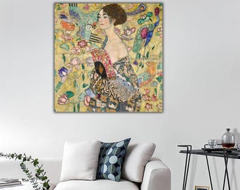 Leinwanddruck „Dame mit Fächer“, Reproduktion eines Gemäldes von Gustav Klimt, klassische Wandkunst von Klimt, Symbolismus, Jugendstil, Kunstdrucke