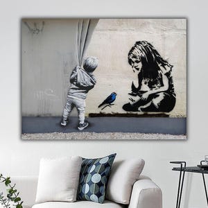 Banksy Girl and Blue Bird Wall Art, Banksy Canvas Print, Inspirational Quote Street Poster, Street Graffiti Wall Decor, Bansky Style Print