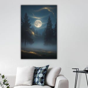 Arte murale della foresta stellata della notte di luna, stampa su tela del segno mistico di mezzanotte, decorazione della casa del paesaggio della foresta, arte murale del trittico della foresta di nebbia nebbiosa